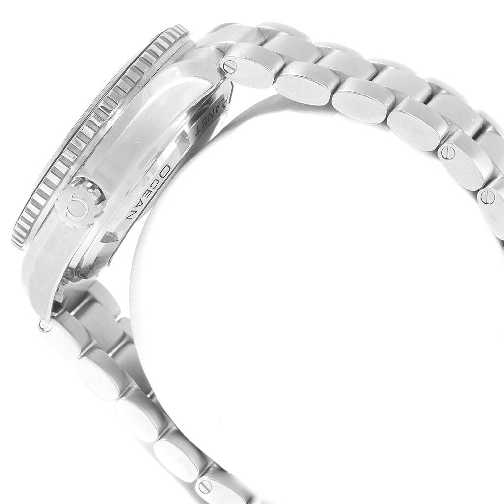 The image shows the side view of the Omega Planet Ocean 232.30.42.21.01.001 Men
s Stainless Steel Black Dial 232.30.42.21.01.001 Men
s Stainless Steel Black Dial watch, highlighting the case, bezel, and metal bracelet.