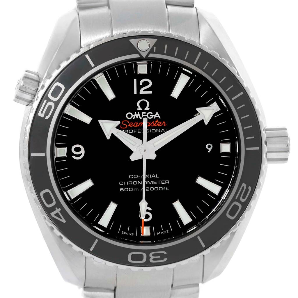 The image shows a front view of the Omega Planet Ocean 232.30.42.21.01.001 Men
s Stainless Steel Black Dial 232.30.42.21.01.001 Men
s Stainless Steel Black Dial Seamaster Professional watch, highlighting its dial, bezel, and stainless steel bracelet.