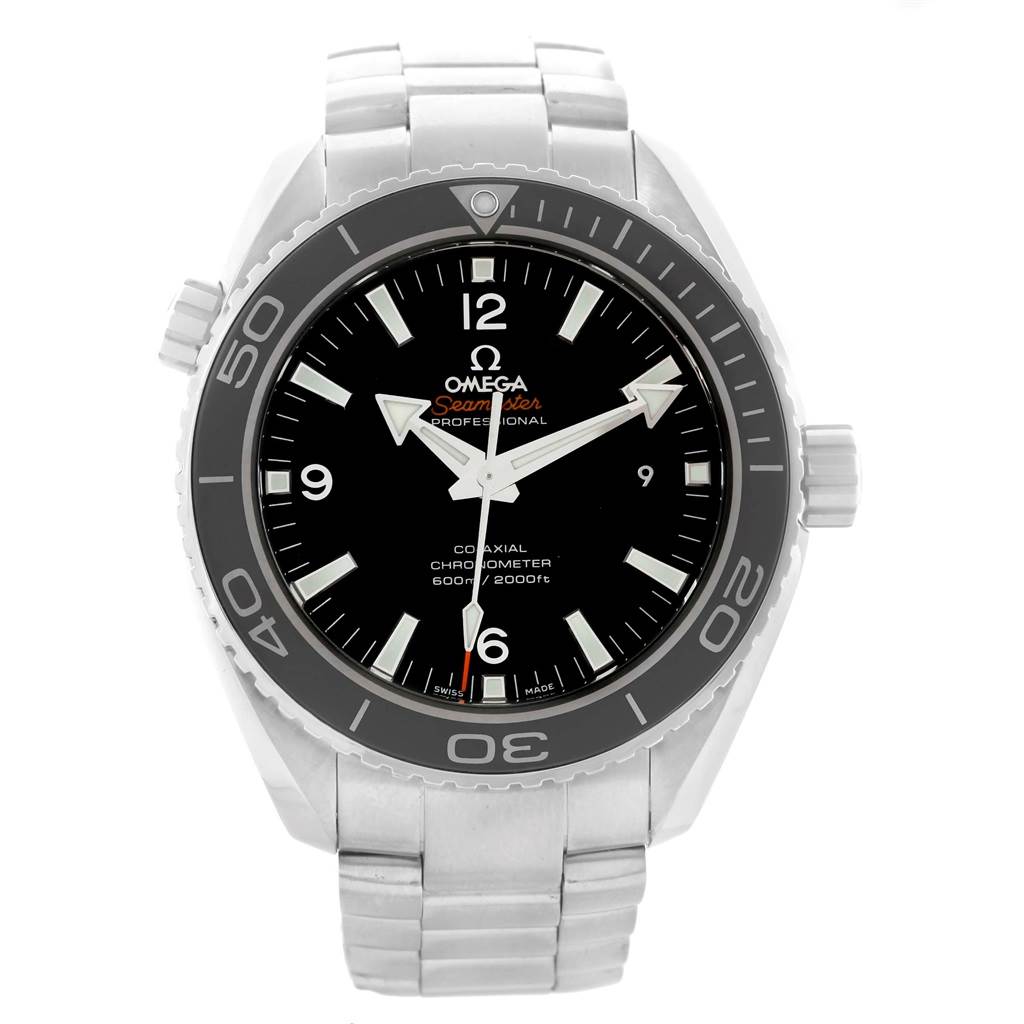 The image shows a front view of the Omega Planet Ocean 232.30.46.21.01.001 Men
s Stainless Steel Black Dial 232.30.46.21.01.001 Men
s Stainless Steel Black Dial watch, displaying its dial, bezel, case, and bracelet.