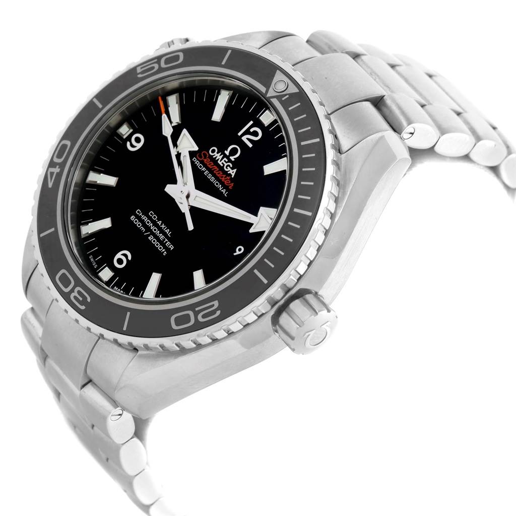 The image shows a side-angle view of the Omega Planet Ocean 232.30.46.21.01.001 Men
s Stainless Steel Black Dial 232.30.46.21.01.001 Men
s Stainless Steel Black Dial watch, highlighting its black dial, bezel, and stainless steel bracelet.