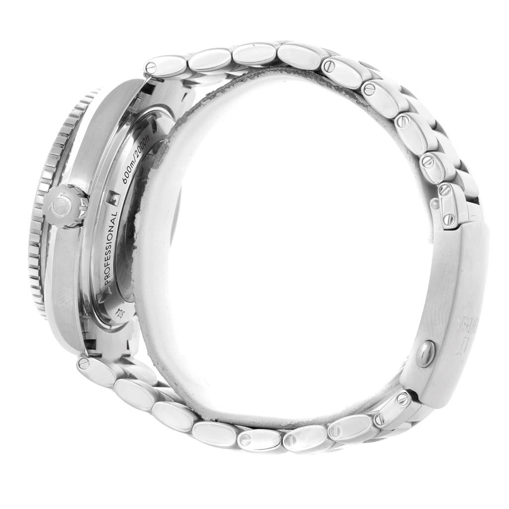 Side view showing the case back, crown, and bracelet of the Omega Planet Ocean 232.30.46.21.01.001 Men
s Stainless Steel Black Dial 232.30.46.21.01.001 Men
s Stainless Steel Black Dial watch.