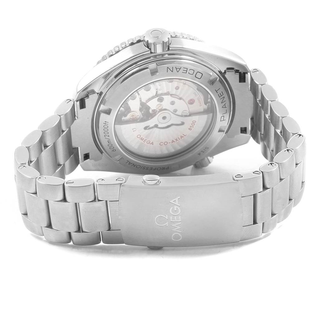 The image shows the back view of the Omega Planet Ocean 232.30.46.21.01.001 Men
s Stainless Steel Black Dial 232.30.46.21.01.001 Men
s Stainless Steel Black Dial watch, highlighting its case back and metal bracelet.