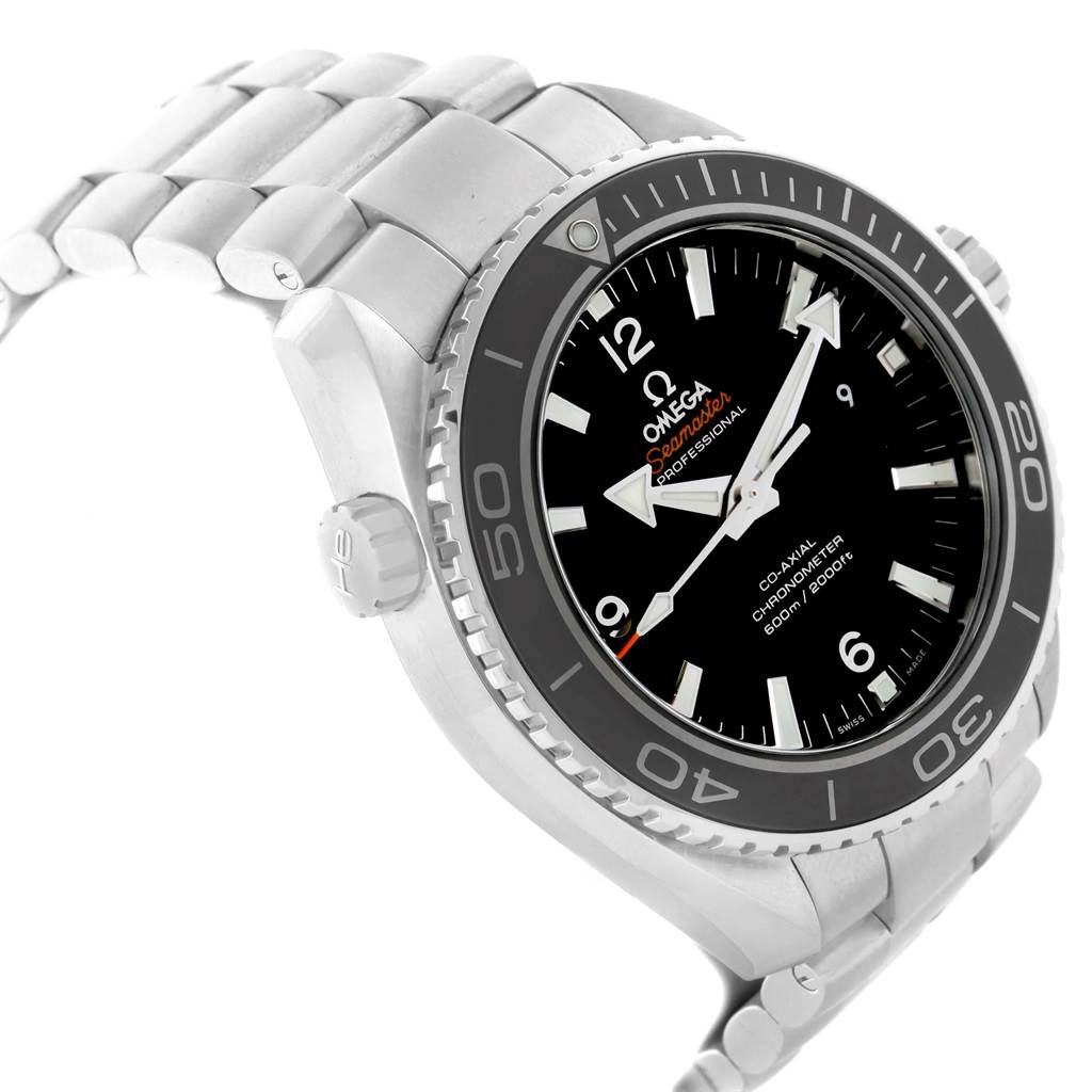 The Omega Planet Ocean 232.30.46.21.01.001 Men
s Stainless Steel Black Dial 232.30.46.21.01.001 Men
s Stainless Steel Black Dial watch is shown at a slight angle, highlighting the face, bezel, crown, and part of the bracelet.