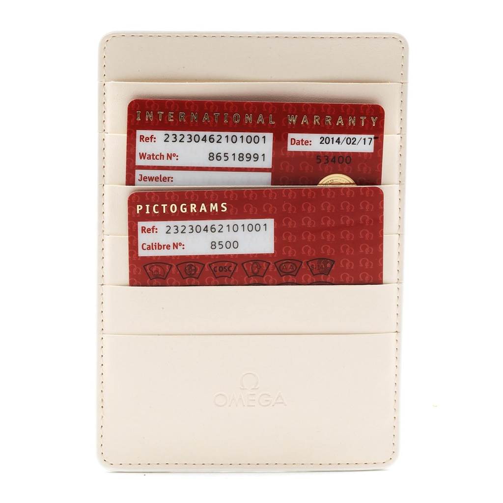 The image shows warranty and pictogram cards of the Omega Planet Ocean 232.30.46.21.01.001 Men
s Stainless Steel Black Dial 232.30.46.21.01.001 Men
s Stainless Steel Black Dial watch in their card holder.