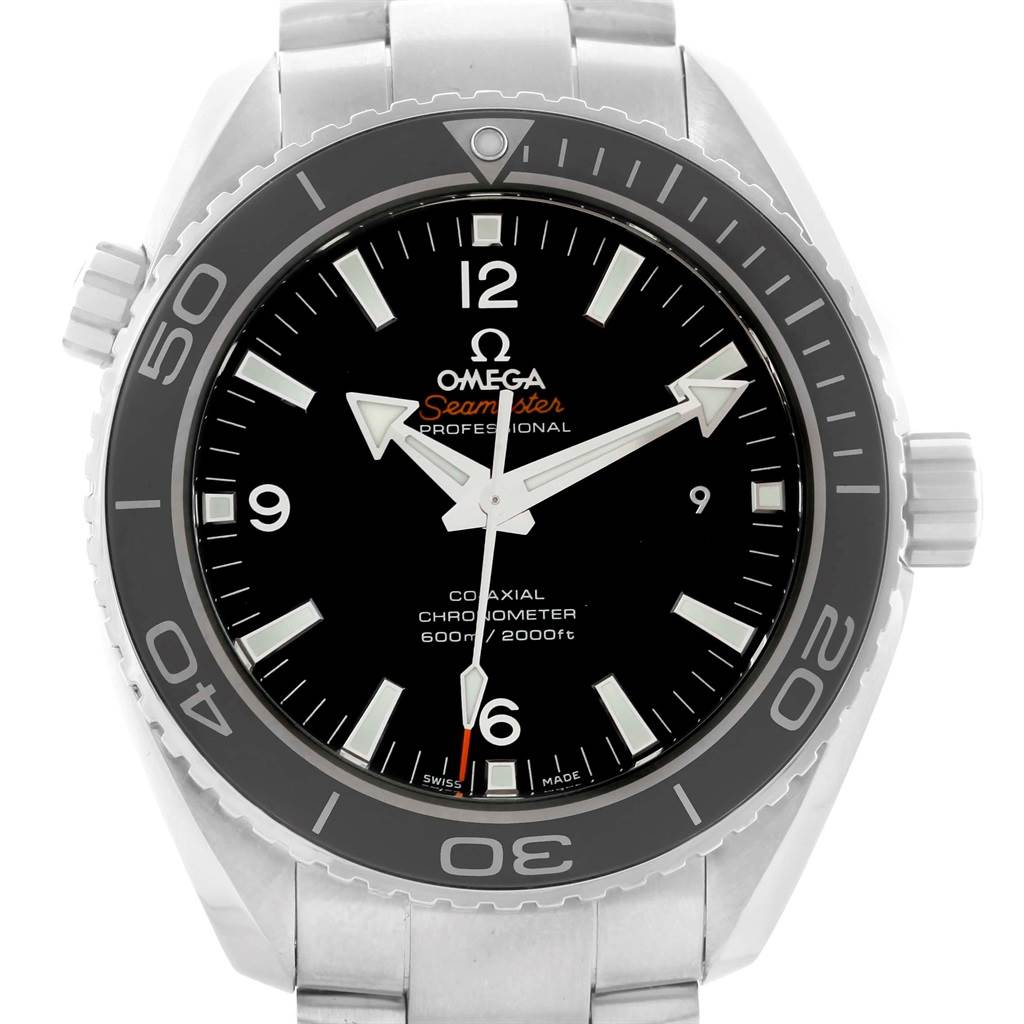 The image shows a front view of the Omega Planet Ocean 232.30.46.21.01.001 Men
s Stainless Steel Black Dial 232.30.46.21.01.001 Men
s Stainless Steel Black Dial watch, highlighting the dial, bezel, and bracelet.