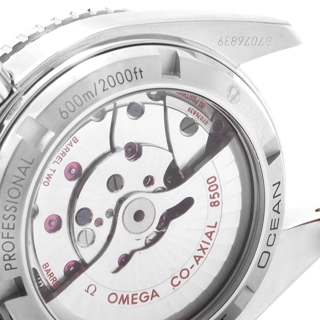 This image shows the back view of the Omega Planet Ocean 232.30.42.21.01.002 Men
s Stainless Steel Black Dial 232.30.42.21.01.002 Men
s Stainless Steel Black Dial watch, highlighting the movement and water resistance specifications (600m/2000ft).