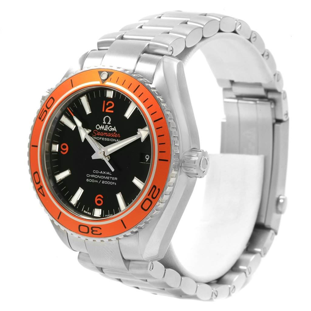 The Omega Planet Ocean 232.30.42.21.01.002 Men
s Stainless Steel Black Dial 232.30.42.21.01.002 Men
s Stainless Steel Black Dial watch is shown at a front-left angle, displaying its orange bezel, black dial, and metal bracelet.