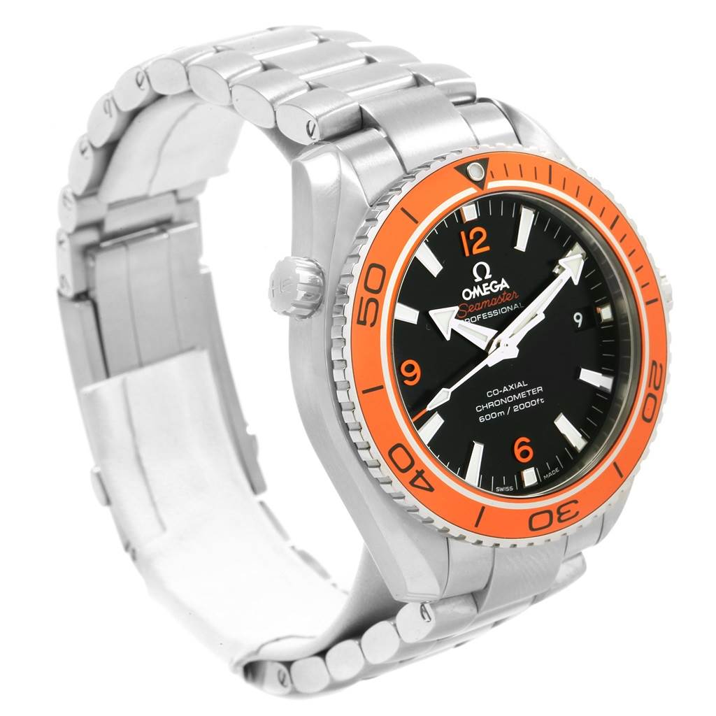 The image shows an Omega Planet Ocean 232.30.42.21.01.002 Men
s Stainless Steel Black Dial 232.30.42.21.01.002 Men
s Stainless Steel Black Dial watch from a front angle, highlighting the face, bezel, and metal band.