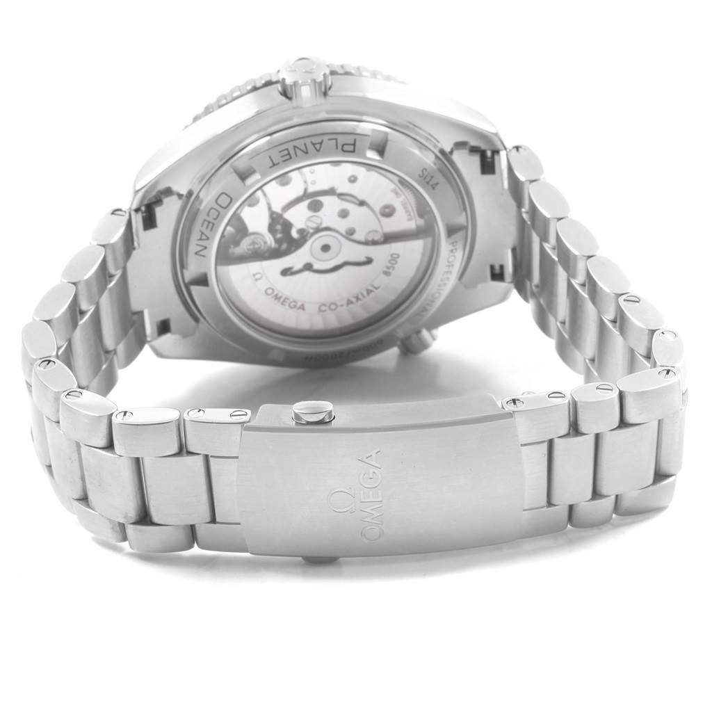 The image shows the back side of the Omega Planet Ocean 232.30.42.21.01.002 Men
s Stainless Steel Black Dial 232.30.42.21.01.002 Men
s Stainless Steel Black Dial watch, highlighting its open case back and metal bracelet.