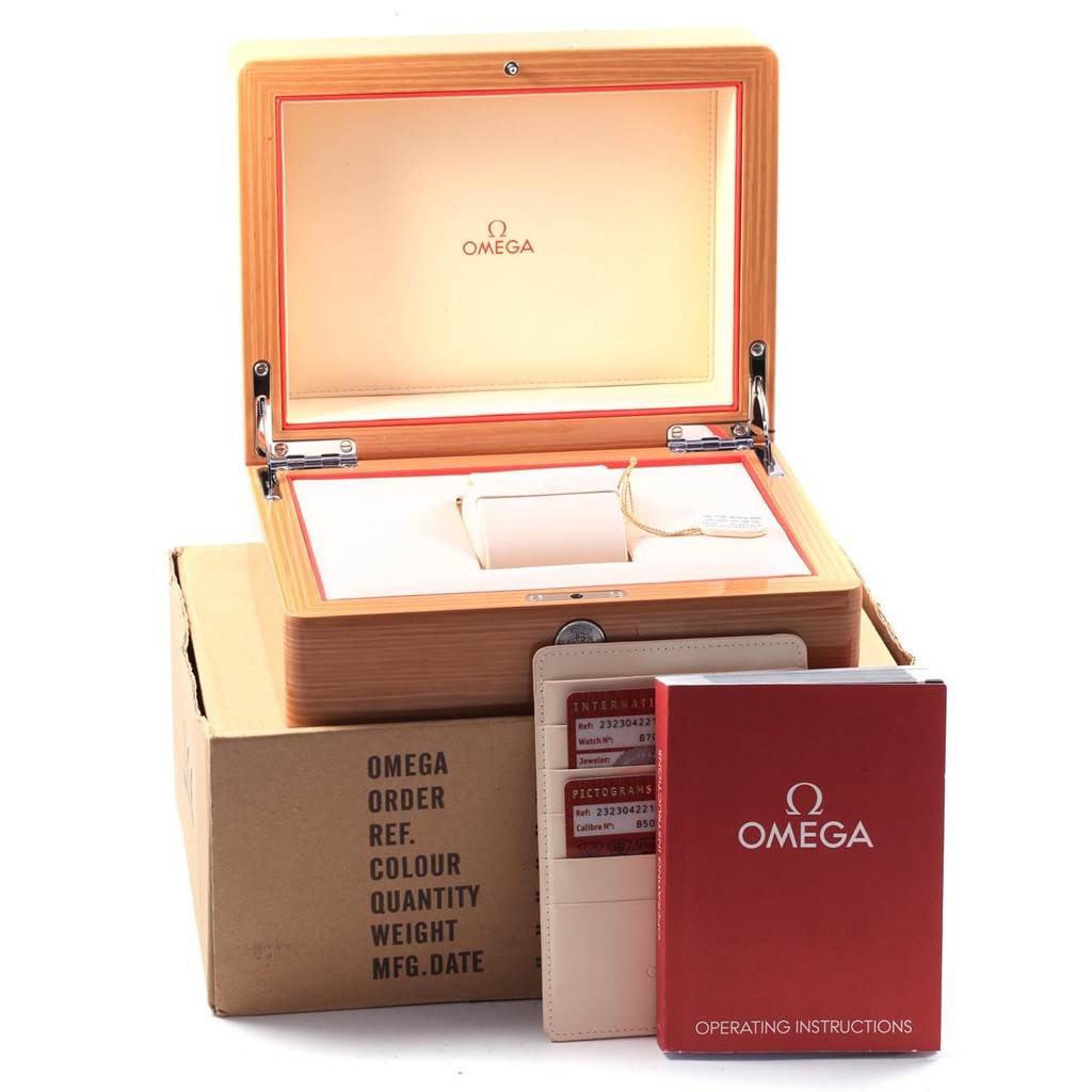 The image shows the Omega Planet Ocean 232.30.42.21.01.002 Men
s Stainless Steel Black Dial 232.30.42.21.01.002 Men
s Stainless Steel Black Dial watch box, warranty cards, operating instructions, and original packaging.