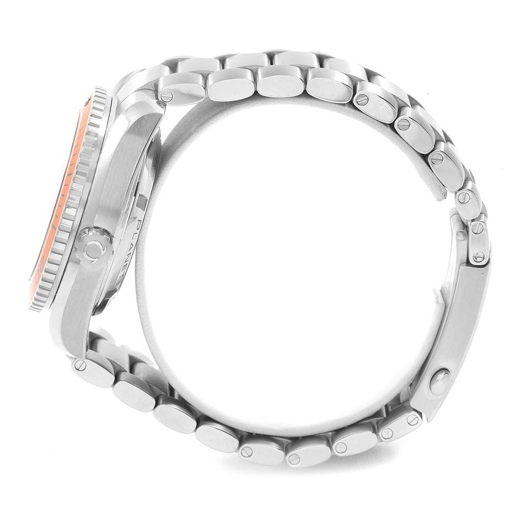 This side view of the Omega Planet Ocean 232.30.42.21.01.002 Men
s Stainless Steel Black Dial 232.30.42.21.01.002 Men
s Stainless Steel Black Dial watch displays its case, crown, bezel, and metal bracelet.