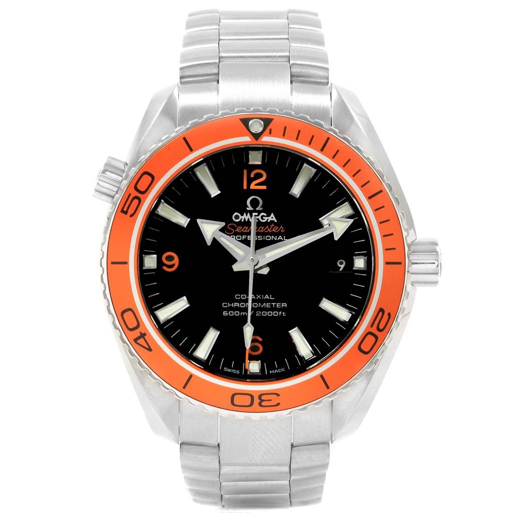 This Omega Planet Ocean 232.30.42.21.01.002 Men
s Stainless Steel Black Dial 232.30.42.21.01.002 Men
s Stainless Steel Black Dial watch is shown from the front, highlighting its black dial, orange bezel, and stainless steel bracelet.
