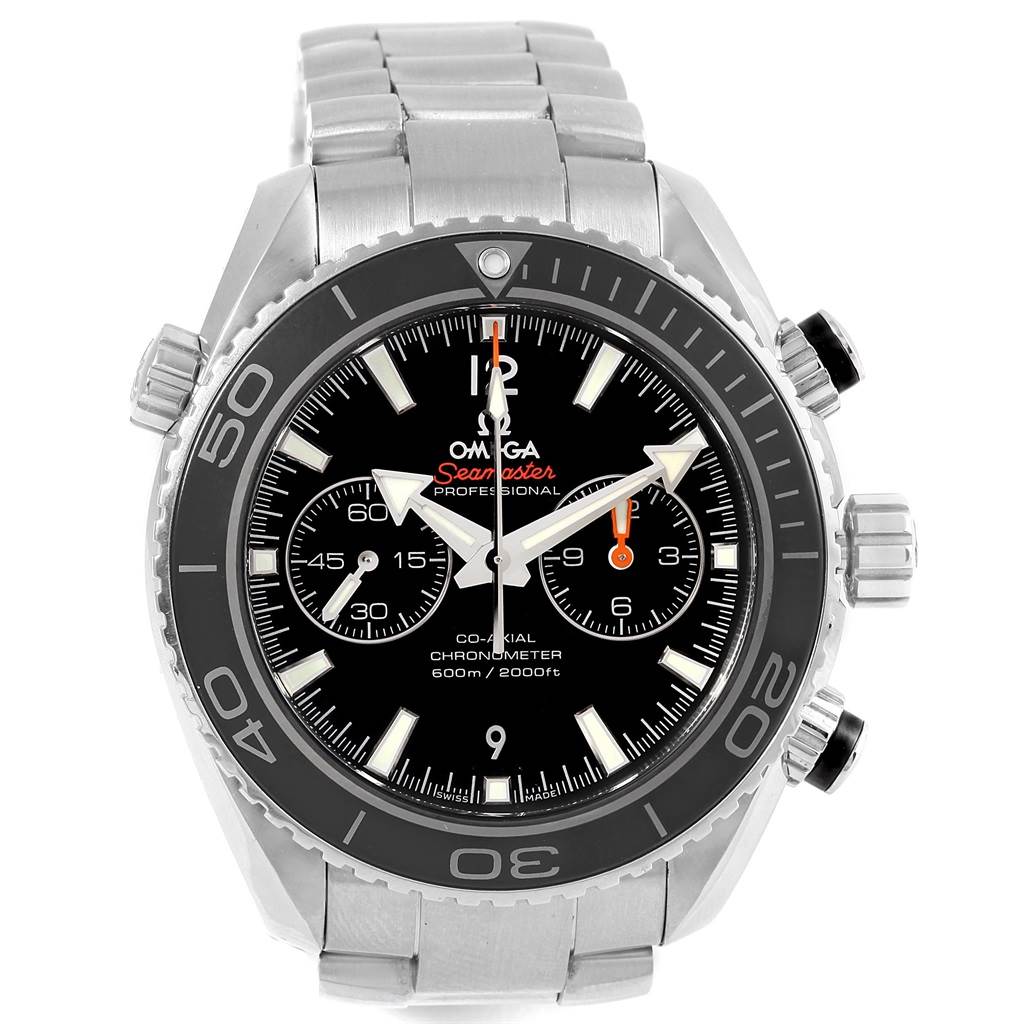 The image shows a front view of the Omega Planet Ocean 232.30.46.51.01.003 Men
s Stainless Steel Black Dial 232.30.46.51.01.003 Men
s Stainless Steel Black Dial model.
