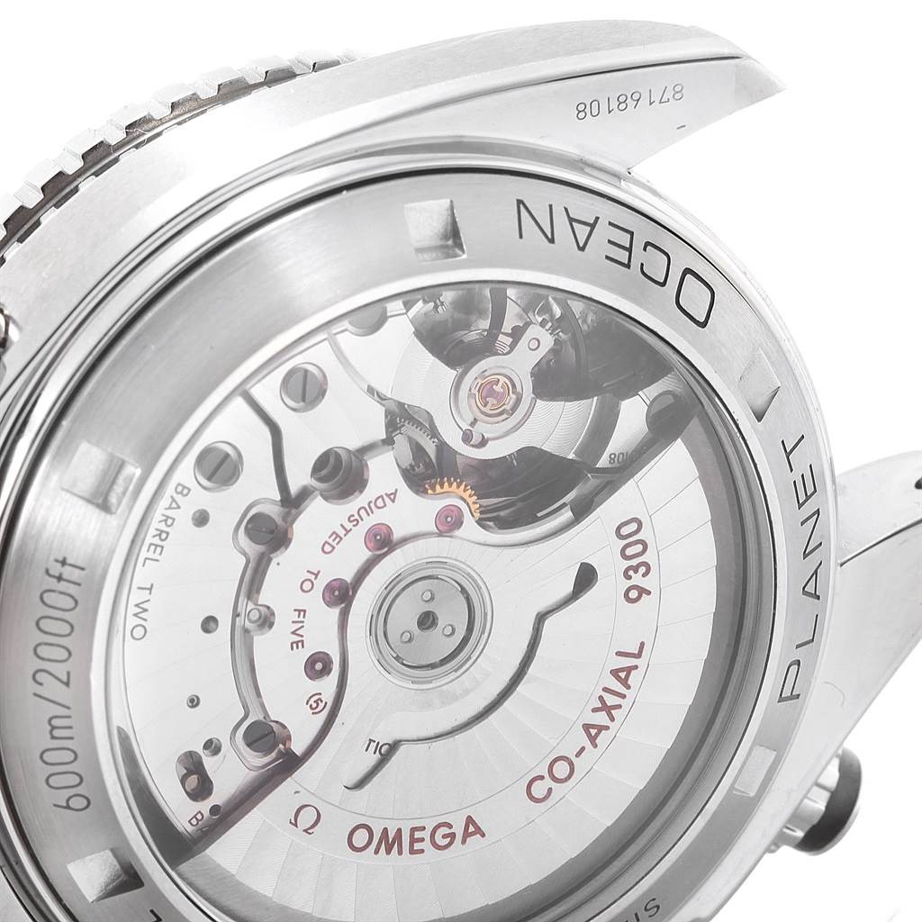 The image shows a close-up of the movement and backside of the Omega Planet Ocean 232.30.46.51.01.003 Men
s Stainless Steel Black Dial 232.30.46.51.01.003 Men
s Stainless Steel Black Dial watch, highlighting the Co-Axial mechanism.