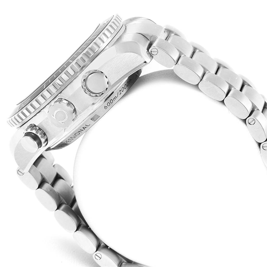 The image shows a side profile of an Omega Planet Ocean 232.30.46.51.01.003 Men
s Stainless Steel Black Dial 232.30.46.51.01.003 Men
s Stainless Steel Black Dial watch, highlighting its bezel, crown, metal bracelet, and depth rating.