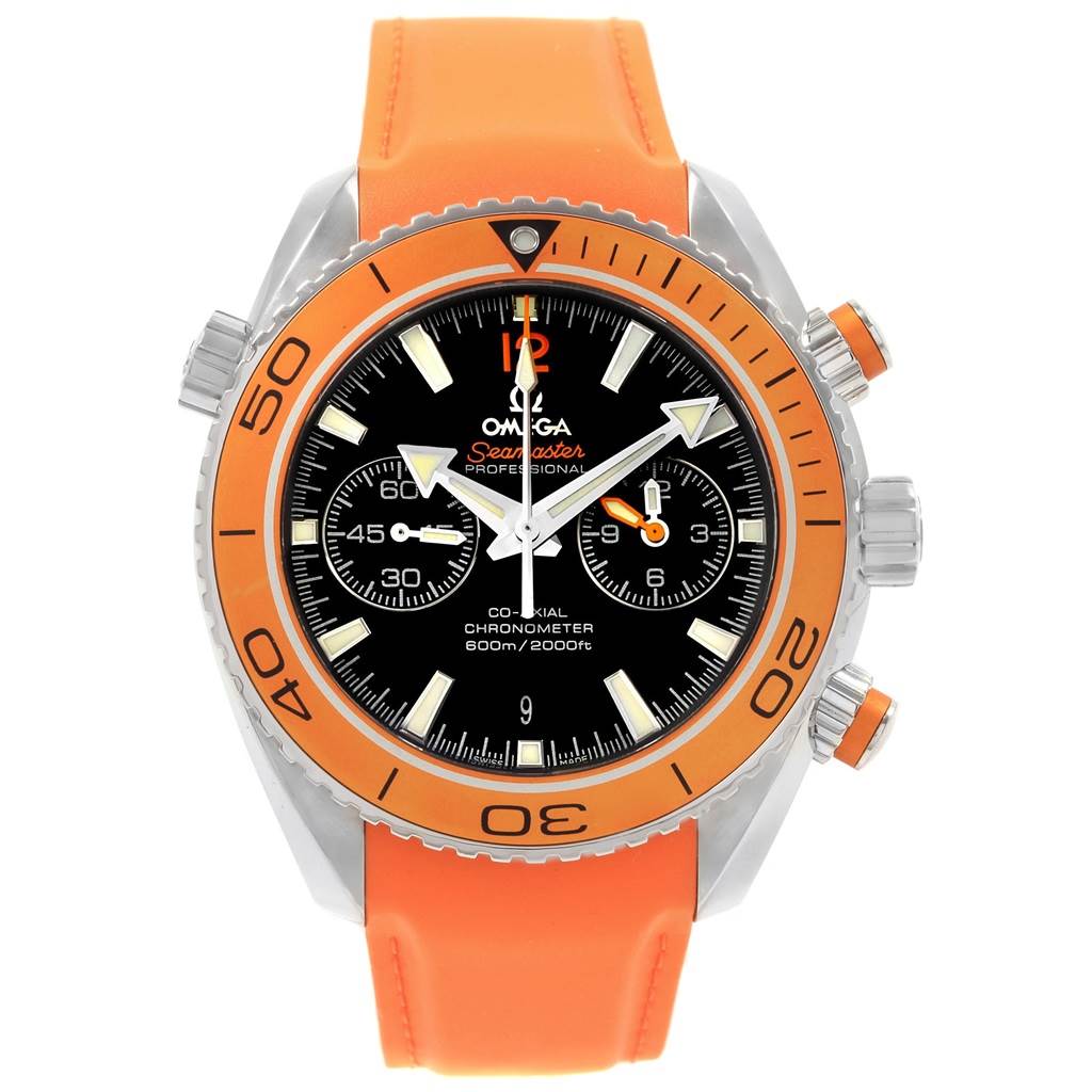 The Omega Planet Ocean 232.32.46.51.01.001 Men
s Stainless Steel Black Dial 232.32.46.51.01.001 Men
s Stainless Steel Black Dial watch is shown from the front, with its orange bezel and strap clearly visible.