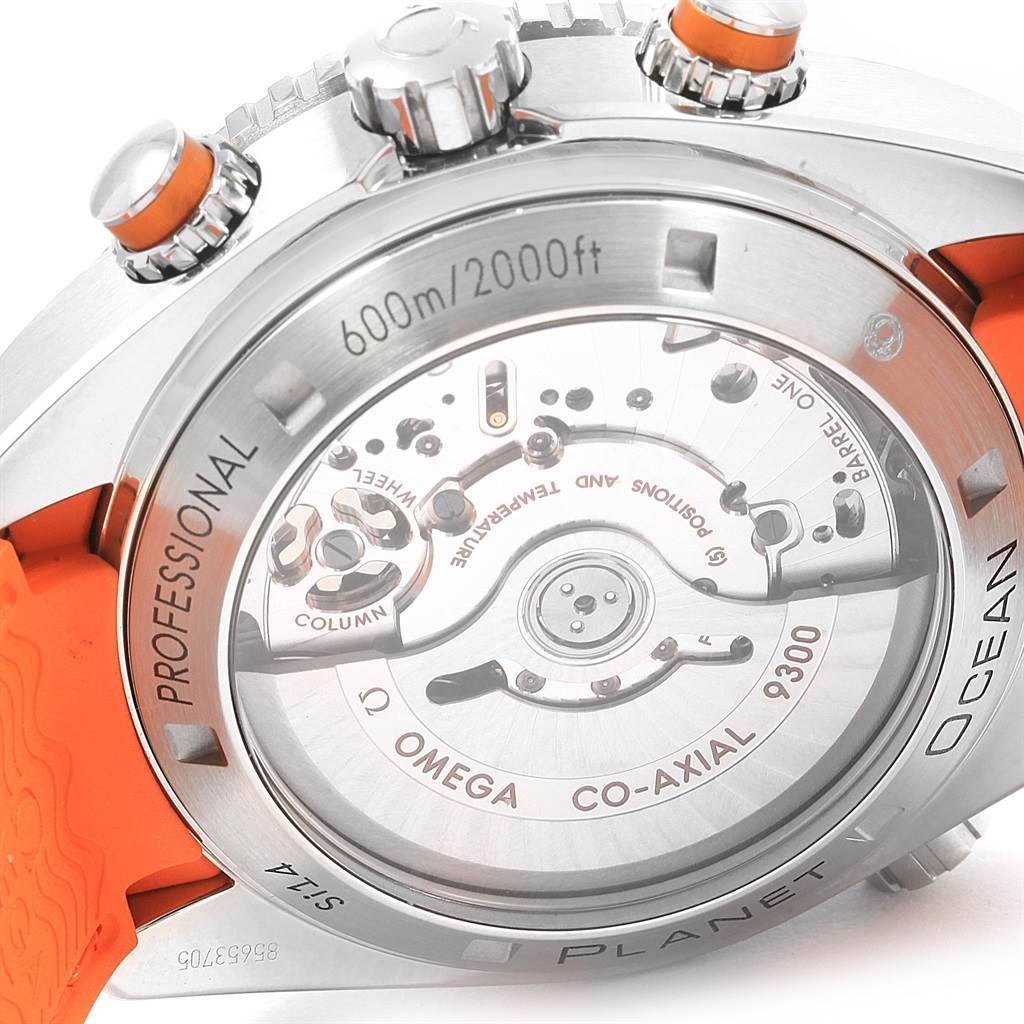 The image shows the back case and internal mechanisms of the Omega Planet Ocean 232.32.46.51.01.001 Men
s Stainless Steel Black Dial 232.32.46.51.01.001 Men
s Stainless Steel Black Dial model watch.