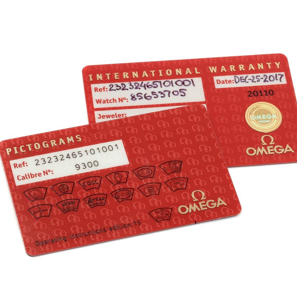 The image shows two Omega Planet Ocean 232.32.46.51.01.001 Men
s Stainless Steel Black Dial 232.32.46.51.01.001 Men
s Stainless Steel Black Dial model warranty and pictogram cards.