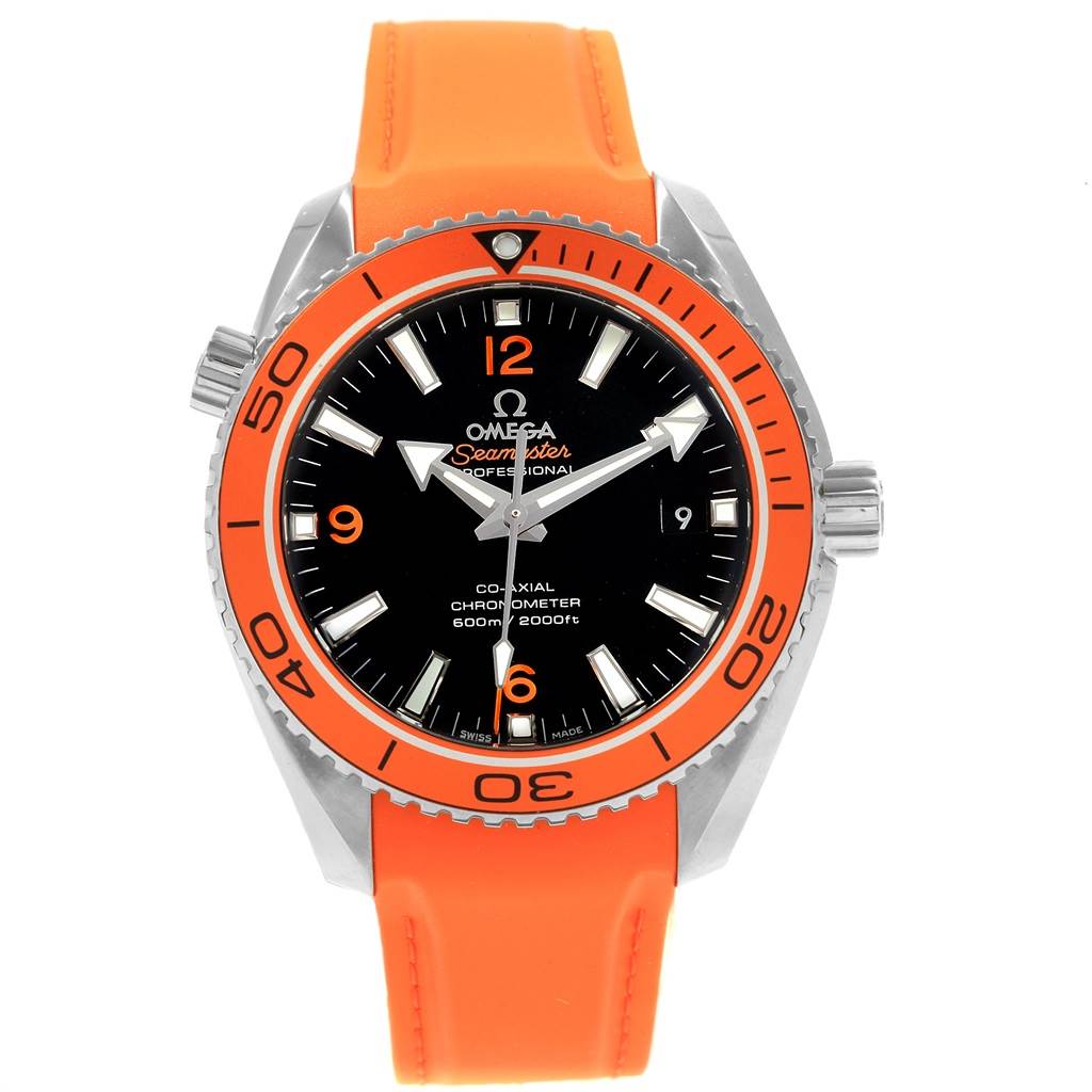 The image shows a front view of the Omega Planet Ocean 232.32.42.21.01.001 Men
s Stainless Steel Black Dial 232.32.42.21.01.001 Men
s Stainless Steel Black Dial watch with an orange bezel and strap.