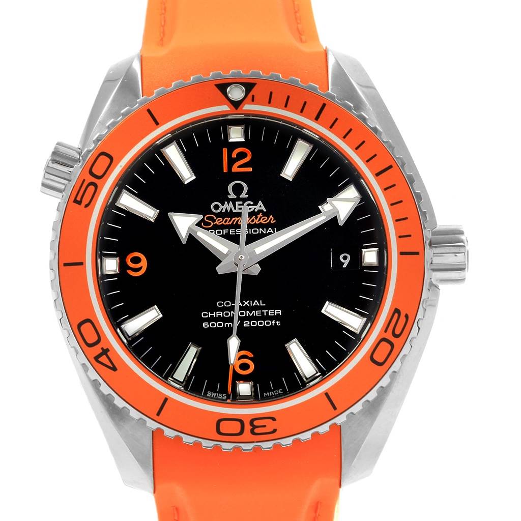 The image shows a front view of the Omega Planet Ocean 232.32.42.21.01.001 Men
s Stainless Steel Black Dial 232.32.42.21.01.001 Men
s Stainless Steel Black Dial watch with an orange bezel and strap.