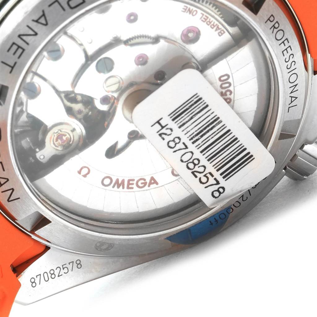 The image shows the transparent case back of the Omega Planet Ocean 232.32.42.21.01.001 Men
s Stainless Steel Black Dial 232.32.42.21.01.001 Men
s Stainless Steel Black Dial watch, revealing its movement and internal components.