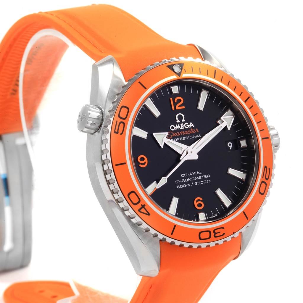 This image shows a detailed angle of the Omega Planet Ocean 232.32.42.21.01.001 Men
s Stainless Steel Black Dial 232.32.42.21.01.001 Men
s Stainless Steel Black Dial model featuring the bezel, dial, and orange strap.