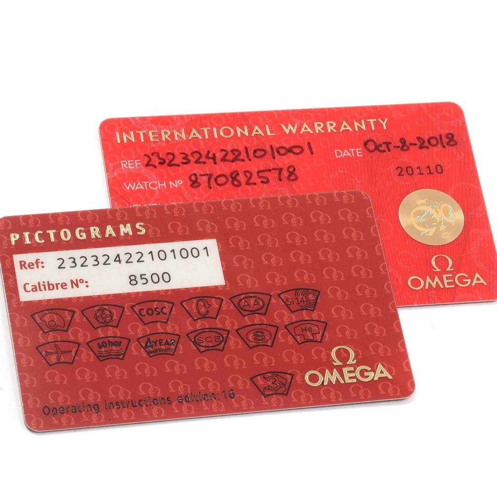 The image shows the International Warranty and Pictograms cards for the Omega Planet Ocean 232.32.42.21.01.001 Men
s Stainless Steel Black Dial 232.32.42.21.01.001 Men
s Stainless Steel Black Dial model.