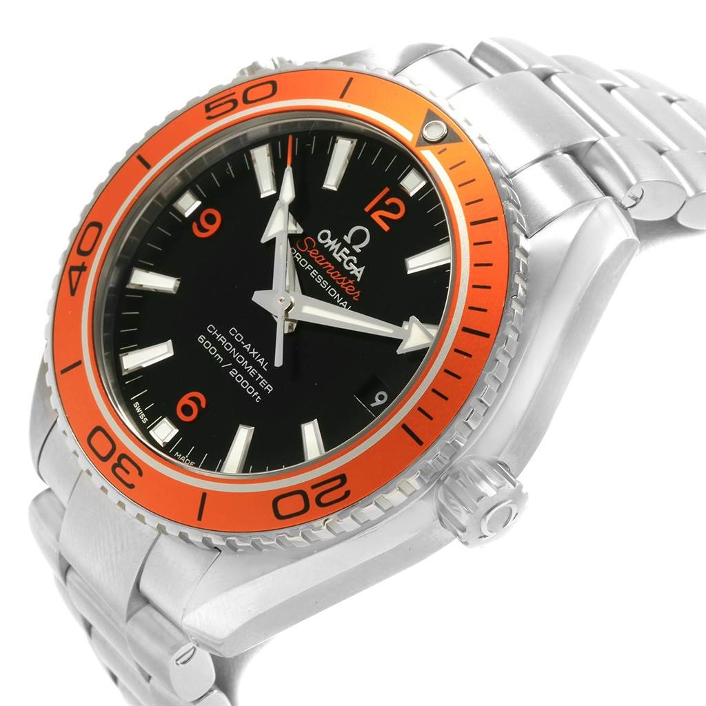 This image shows an angled, close-up view of the Omega Planet Ocean 232.30.42.21.01.002 Men
s Stainless Steel Black Dial 232.30.42.21.01.002 Men
s Stainless Steel Black Dial watch, highlighting its dial, bezel, crown, and bracelet.