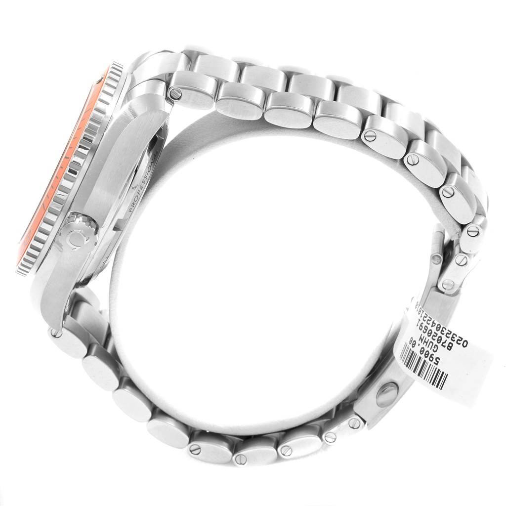 This image shows a side view of the Omega Planet Ocean 232.30.42.21.01.002 Men
s Stainless Steel Black Dial 232.30.42.21.01.002 Men
s Stainless Steel Black Dial watch, focusing on the bezel, crown, and metal bracelet.