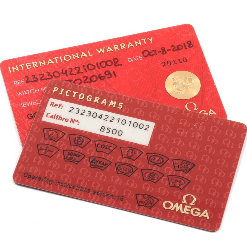 The image shows the warranty and pictograms cards for the Omega Planet Ocean 232.30.42.21.01.002 Men
s Stainless Steel Black Dial 232.30.42.21.01.002 Men
s Stainless Steel Black Dial model.