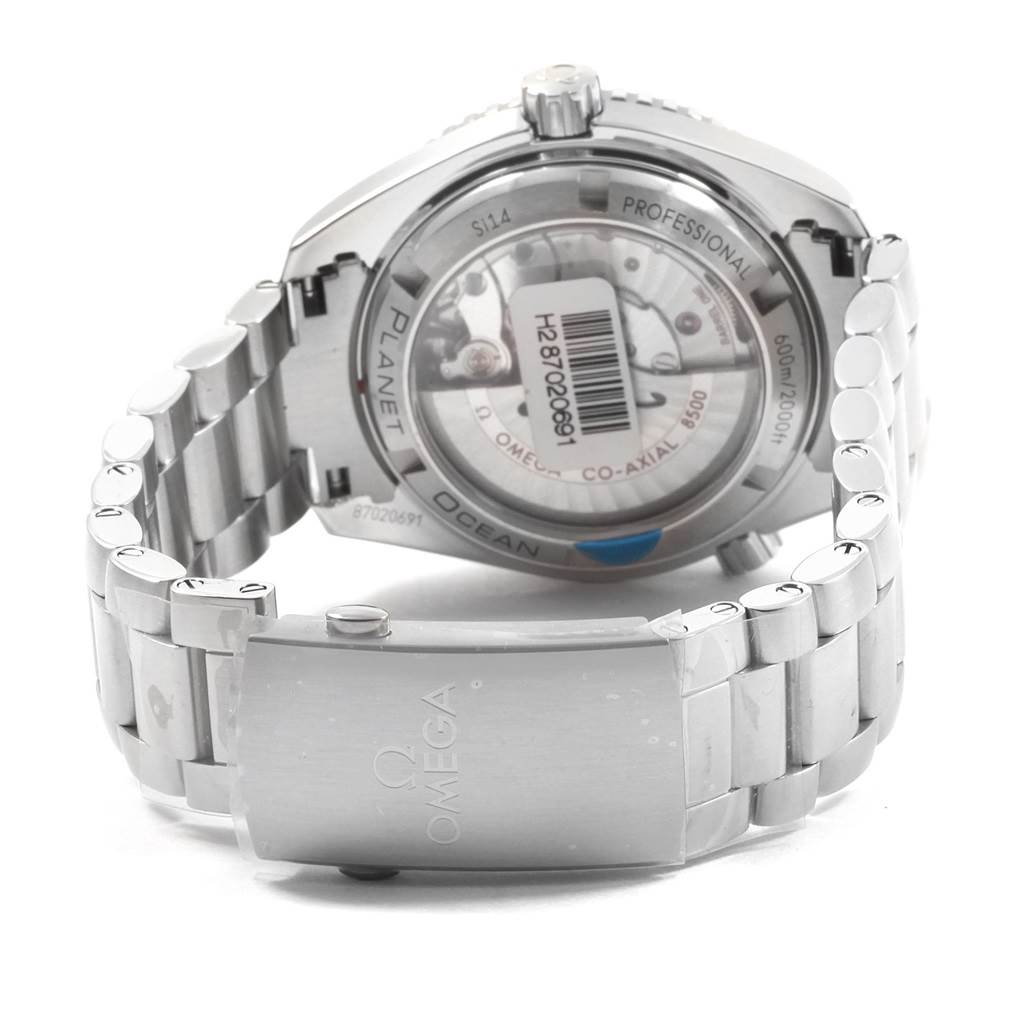 The image shows the back of the Omega Planet Ocean 232.30.42.21.01.002 Men
s Stainless Steel Black Dial 232.30.42.21.01.002 Men
s Stainless Steel Black Dial watch, highlighting its transparent case back and stainless steel bracelet.