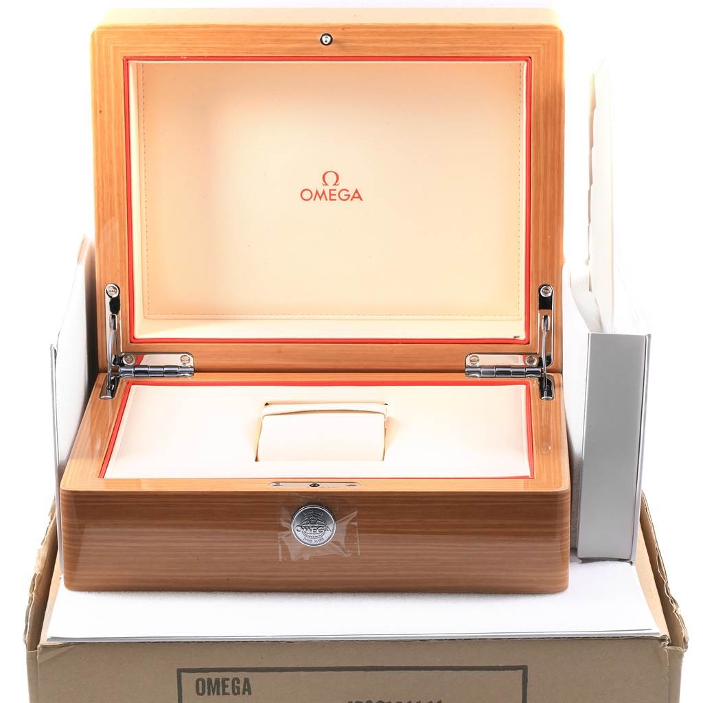 This image shows an open Omega Planet Ocean 232.30.42.21.01.002 Men
s Stainless Steel Black Dial 232.30.42.21.01.002 Men
s Stainless Steel Black Dial watch box, displaying the brand logo inside the lid.