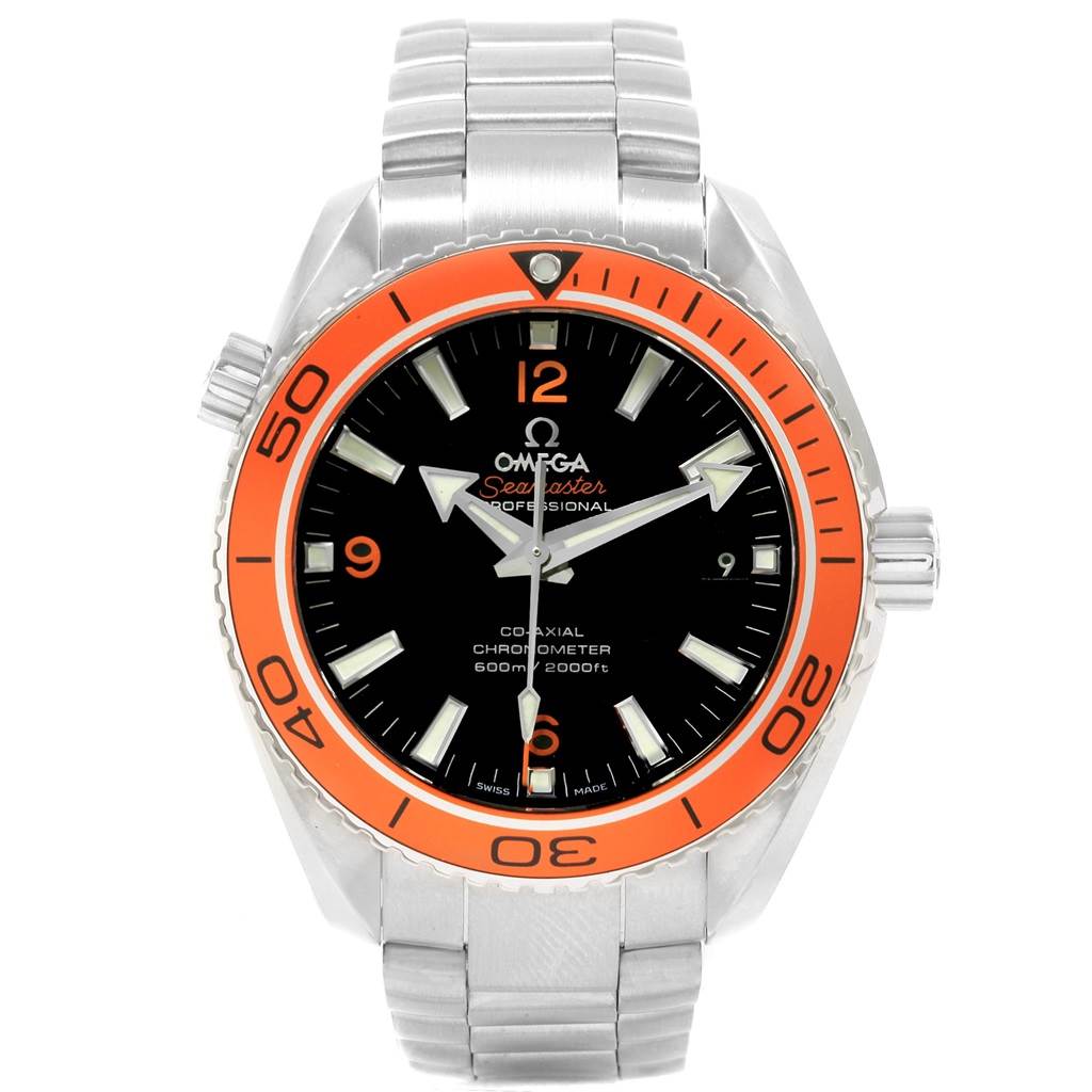 The image shows the Omega Planet Ocean 232.30.42.21.01.002 Men
s Stainless Steel Black Dial 232.30.42.21.01.002 Men
s Stainless Steel Black Dial watch head-on, displaying the dial, bezel, and bracelet.