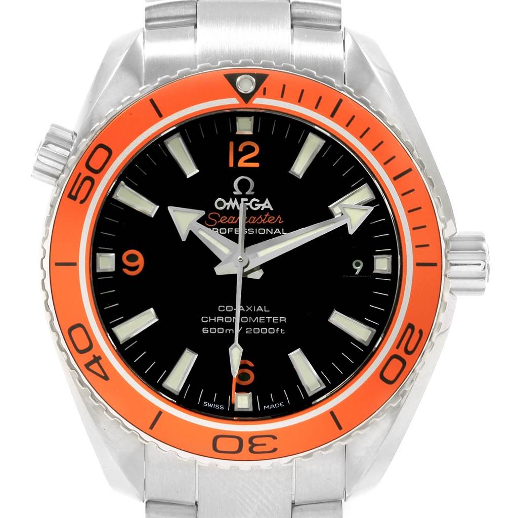 This image shows a front view of the Omega Planet Ocean 232.30.42.21.01.002 Men
s Stainless Steel Black Dial 232.30.42.21.01.002 Men
s Stainless Steel Black Dial watch, displaying the dial, bezel, and part of the bracelet.