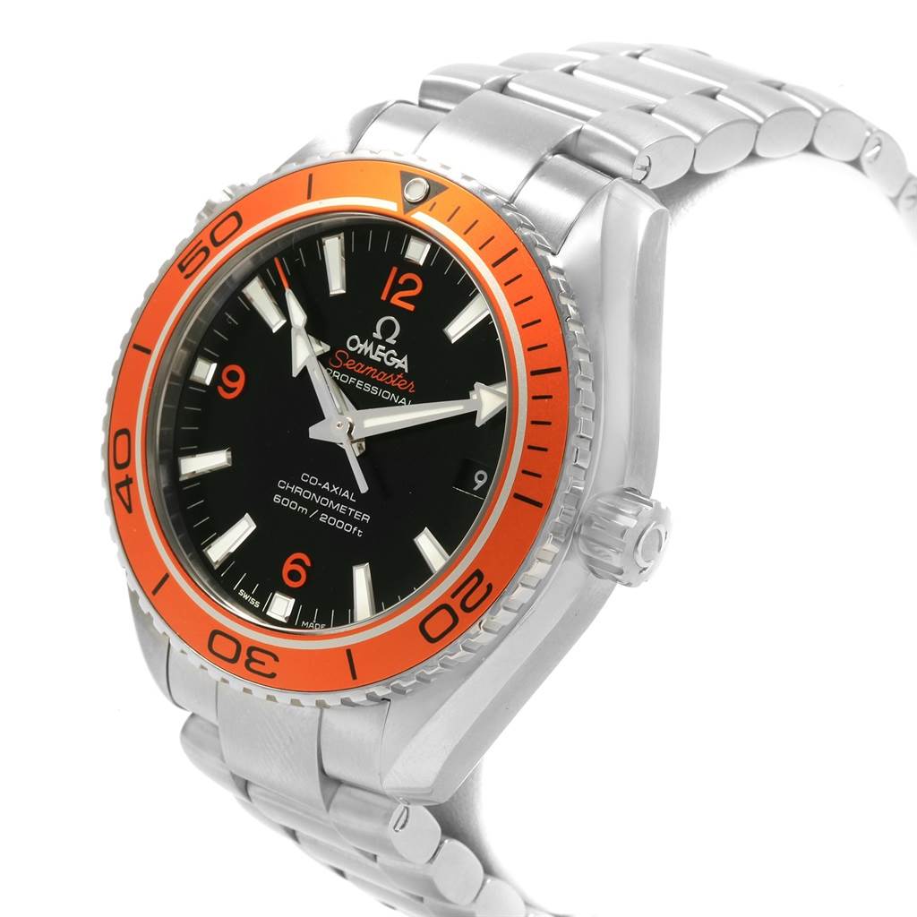 The Omega Planet Ocean 232.30.42.21.01.002 Men
s Stainless Steel Black Dial 232.30.42.21.01.002 Men
s Stainless Steel Black Dial watch is shown at a three-quarter angle, displaying the face, crown, bezel, and bracelet.