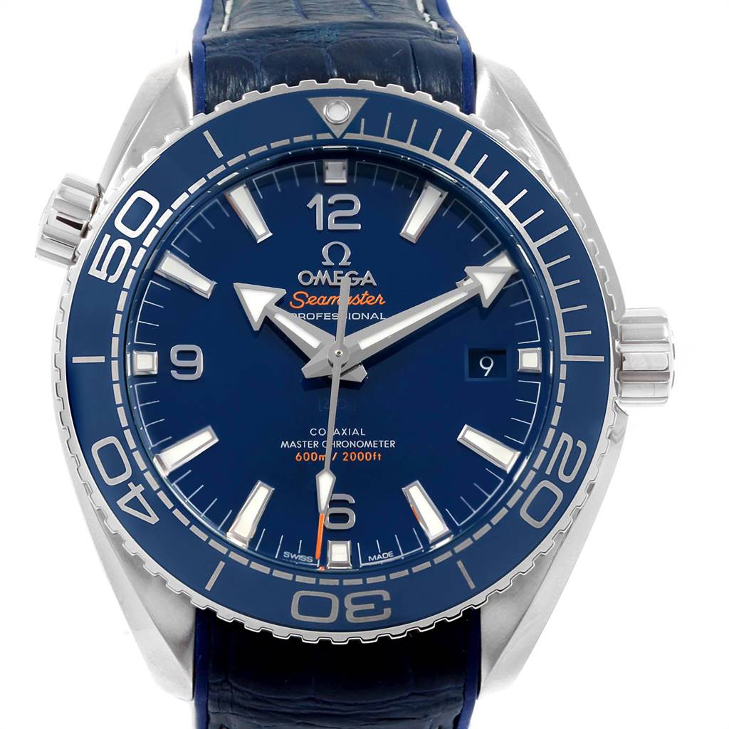 The image shows a front view of the Omega Planet Ocean 215.33.44.21.03.001 Men
s Stainless Steel Blue Dial 215.33.44.21.03.001 Men
s Stainless Steel Blue Dial watch, highlighting its blue dial, bezel, and straps.