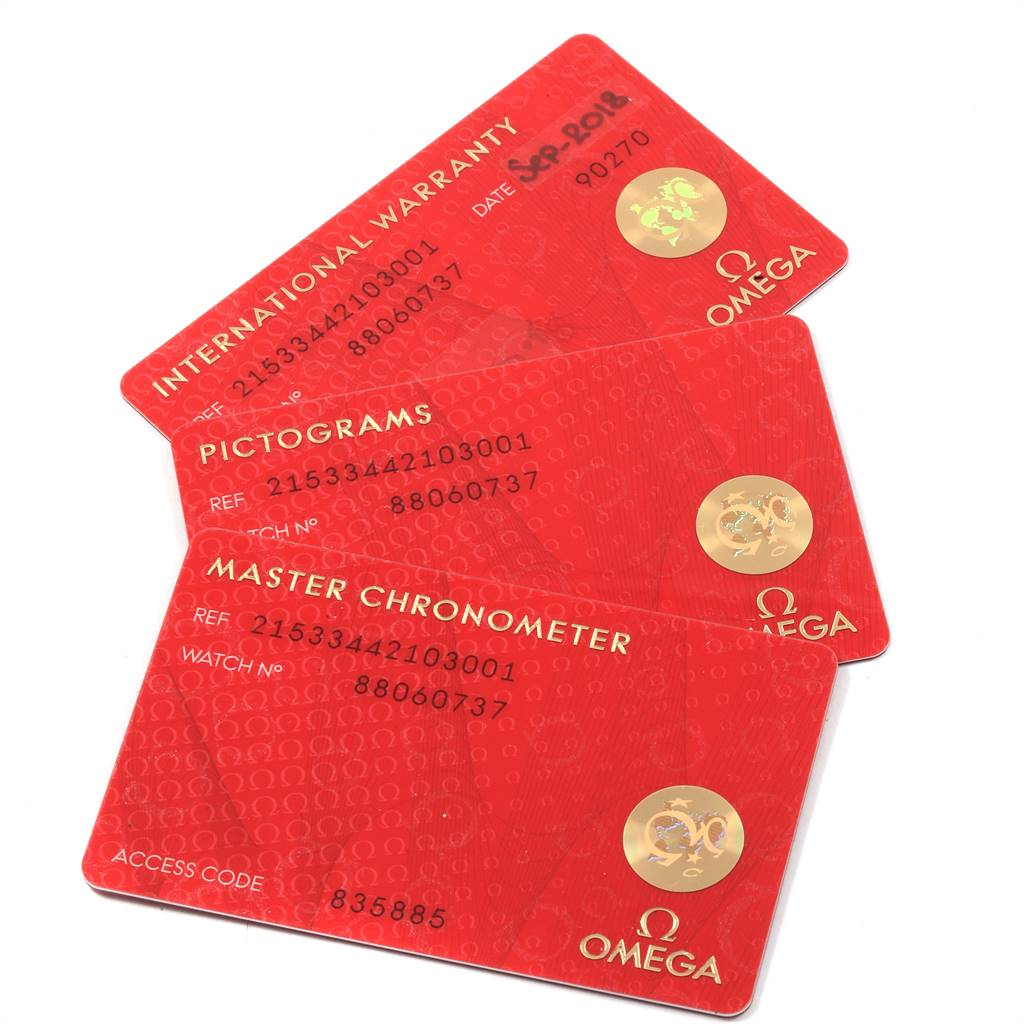 The image shows the warranty and certification cards for the Omega Planet Ocean 215.33.44.21.03.001 Men
s Stainless Steel Blue Dial 215.33.44.21.03.001 Men
s Stainless Steel Blue Dial model.