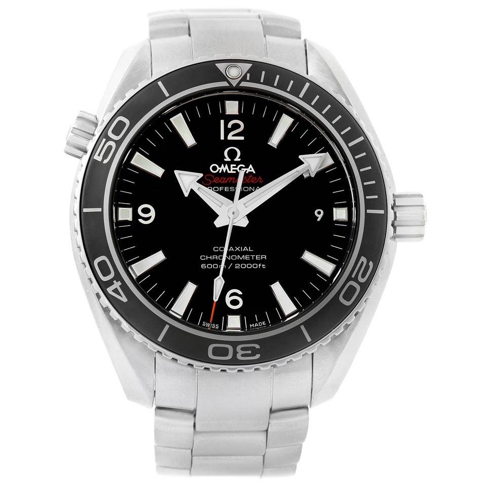 The Omega Planet Ocean 232.30.42.21.01.001 Men
s Stainless Steel Black Dial 232.30.42.21.01.001 Men
s Stainless Steel Black Dial watch is shown from a front angle, displaying the face, bezel, and part of the bracelet.