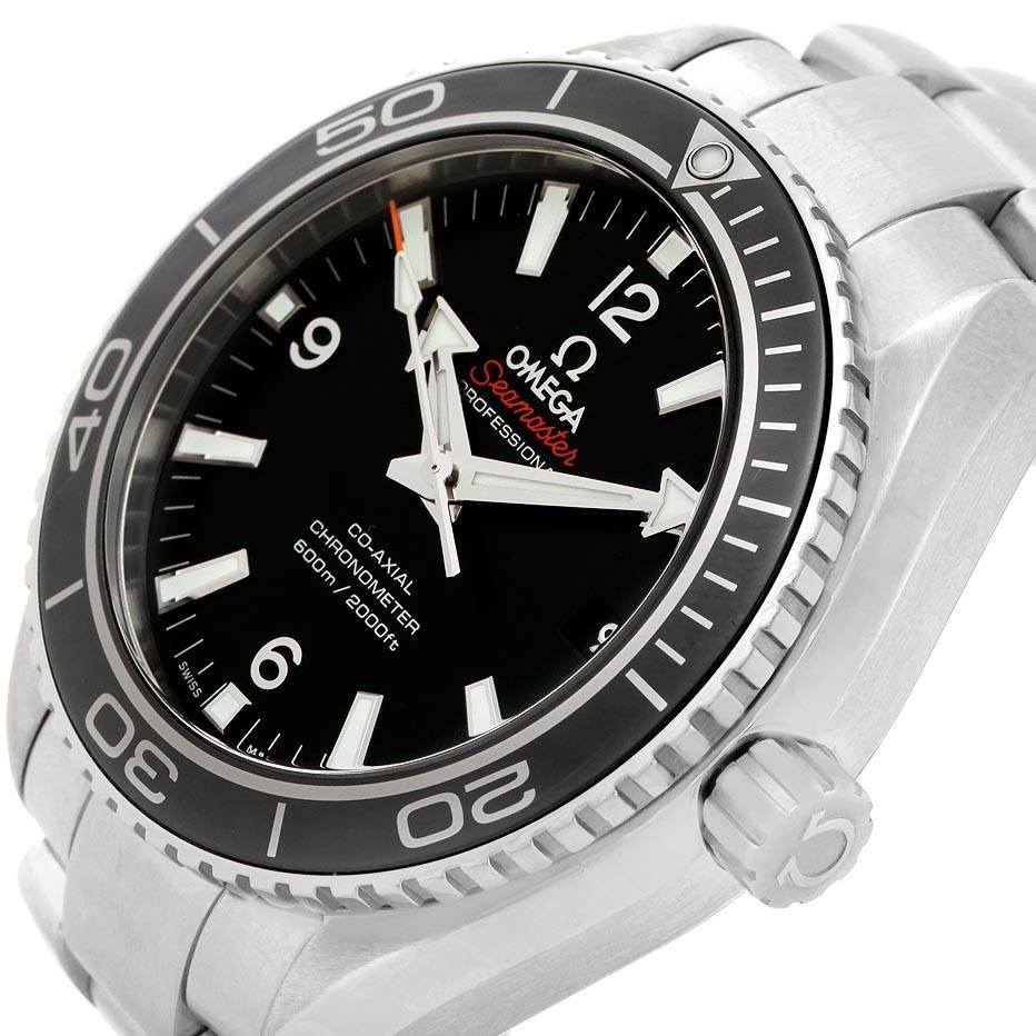 This image shows a close-up angled view of the Omega Planet Ocean 232.30.42.21.01.001 Men
s Stainless Steel Black Dial 232.30.42.21.01.001 Men
s Stainless Steel Black Dial watch, highlighting the bezel, dial, and crown.