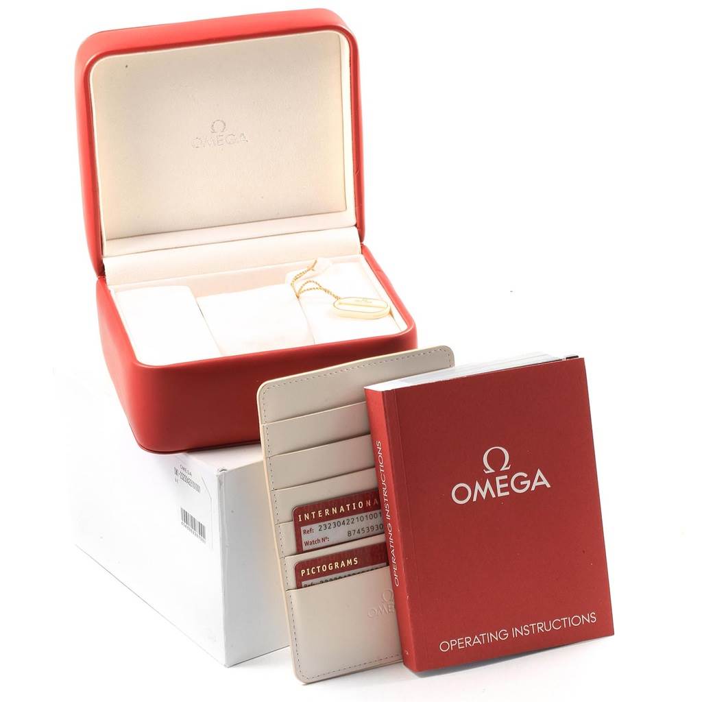 This image shows the Omega Planet Ocean 232.30.42.21.01.001 Men
s Stainless Steel Black Dial 232.30.42.21.01.001 Men
s Stainless Steel Black Dial watch packaging, including the box, instruction manual, and warranty cards.