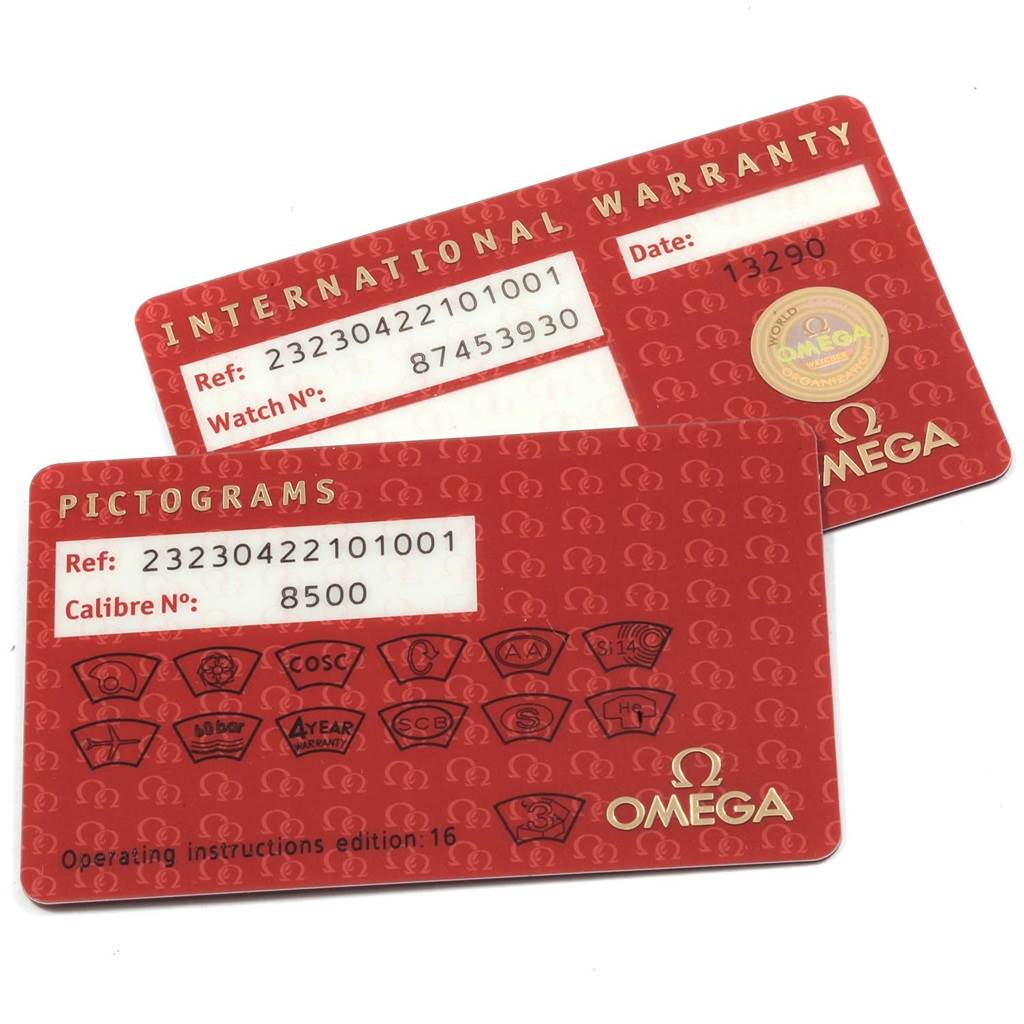 This image shows warranty and pictogram cards for the Omega Planet Ocean 232.30.42.21.01.001 Men
s Stainless Steel Black Dial 232.30.42.21.01.001 Men
s Stainless Steel Black Dial model watch.