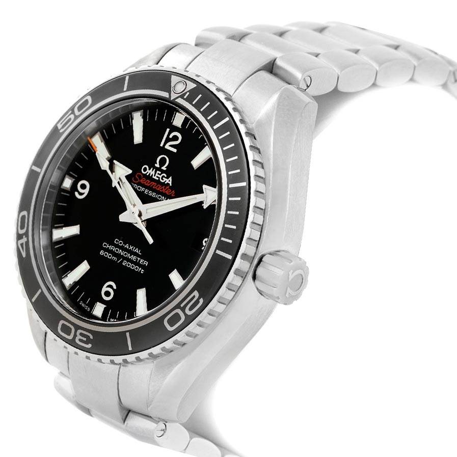 The image shows an Omega Planet Ocean 232.30.42.21.01.001 Men
s Stainless Steel Black Dial 232.30.42.21.01.001 Men
s Stainless Steel Black Dial watch at a three-quarter angle, highlighting the bezel, crown, and part of the bracelet.