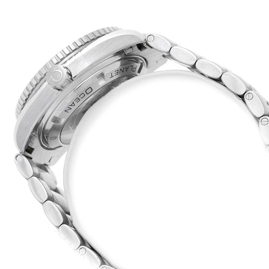 The image shows the side view of the Omega Planet Ocean 232.30.42.21.01.001 Men
s Stainless Steel Black Dial 232.30.42.21.01.001 Men
s Stainless Steel Black Dial watch, highlighting its crown, bezel, case, and bracelet.