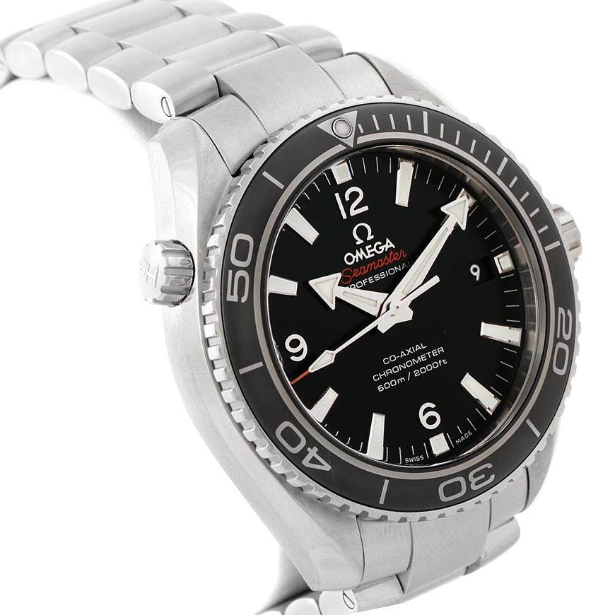 The image shows the Omega Planet Ocean 232.30.42.21.01.001 Men
s Stainless Steel Black Dial 232.30.42.21.01.001 Men
s Stainless Steel Black Dial watch at an angle highlighting the face, bezel, crown, and metal bracelet.