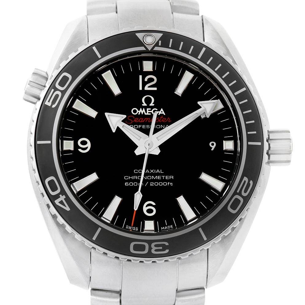 The image shows a front view of the Omega Planet Ocean 232.30.42.21.01.001 Men
s Stainless Steel Black Dial 232.30.42.21.01.001 Men
s Stainless Steel Black Dial watch, highlighting its bezel, dial, and hour markers.