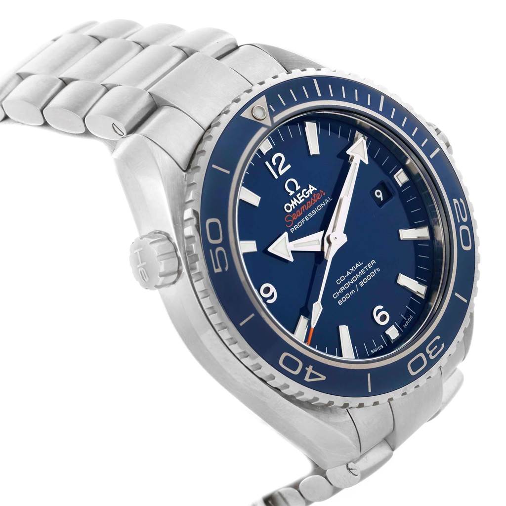 The image shows a side angle view of the Omega Planet Ocean 232.90.46.21.03.001 Men's Titanium Blue Dial 232.90.46.21.03.001 Men's Titanium Blue Dial watch, highlighting its face, bezel, crown, and bracelet.