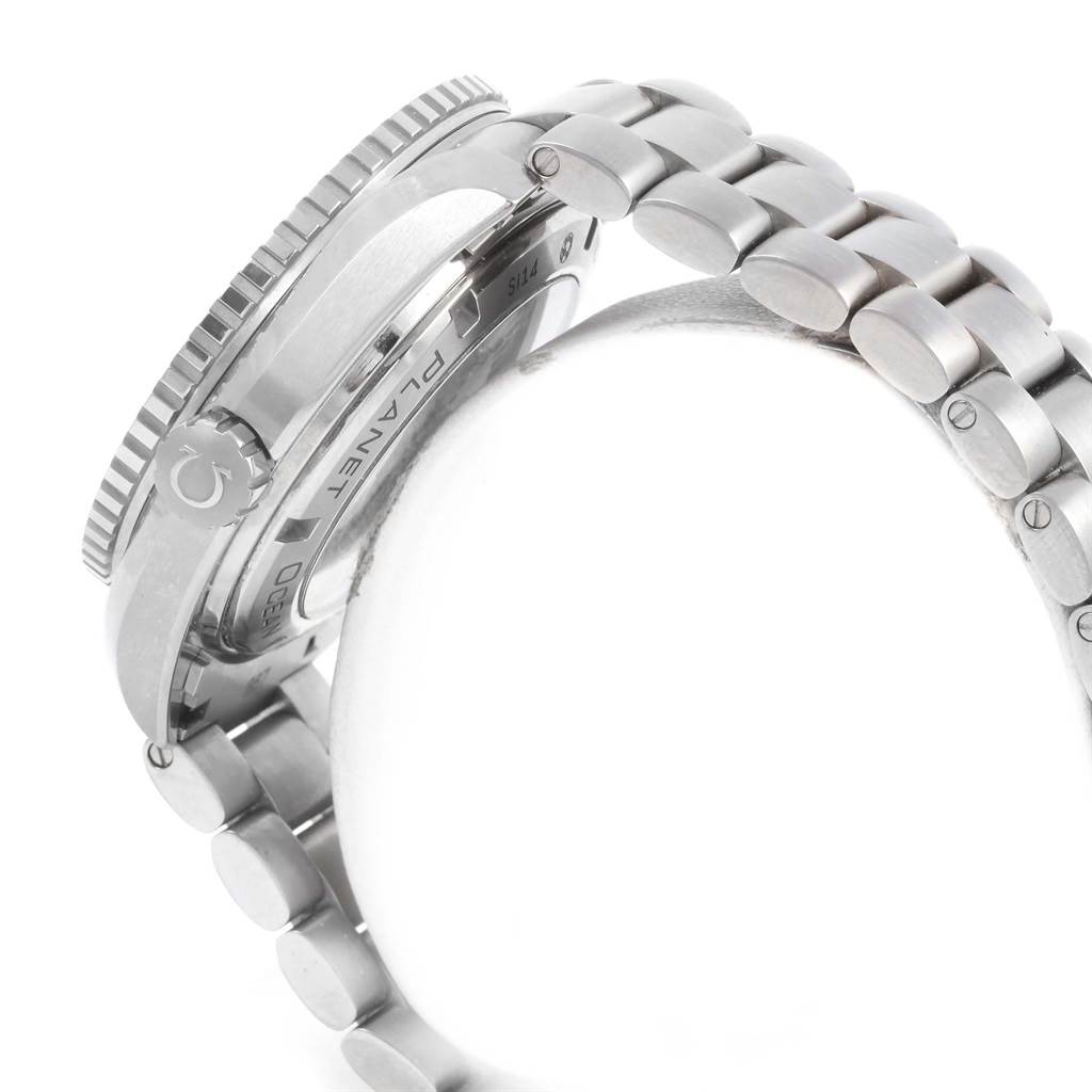 This image shows the side view of an Omega Planet Ocean 232.90.46.21.03.001 Men's Titanium Blue Dial 232.90.46.21.03.001 Men's Titanium Blue Dial watch, focusing on the crown, bezel, and part of the metal bracelet.