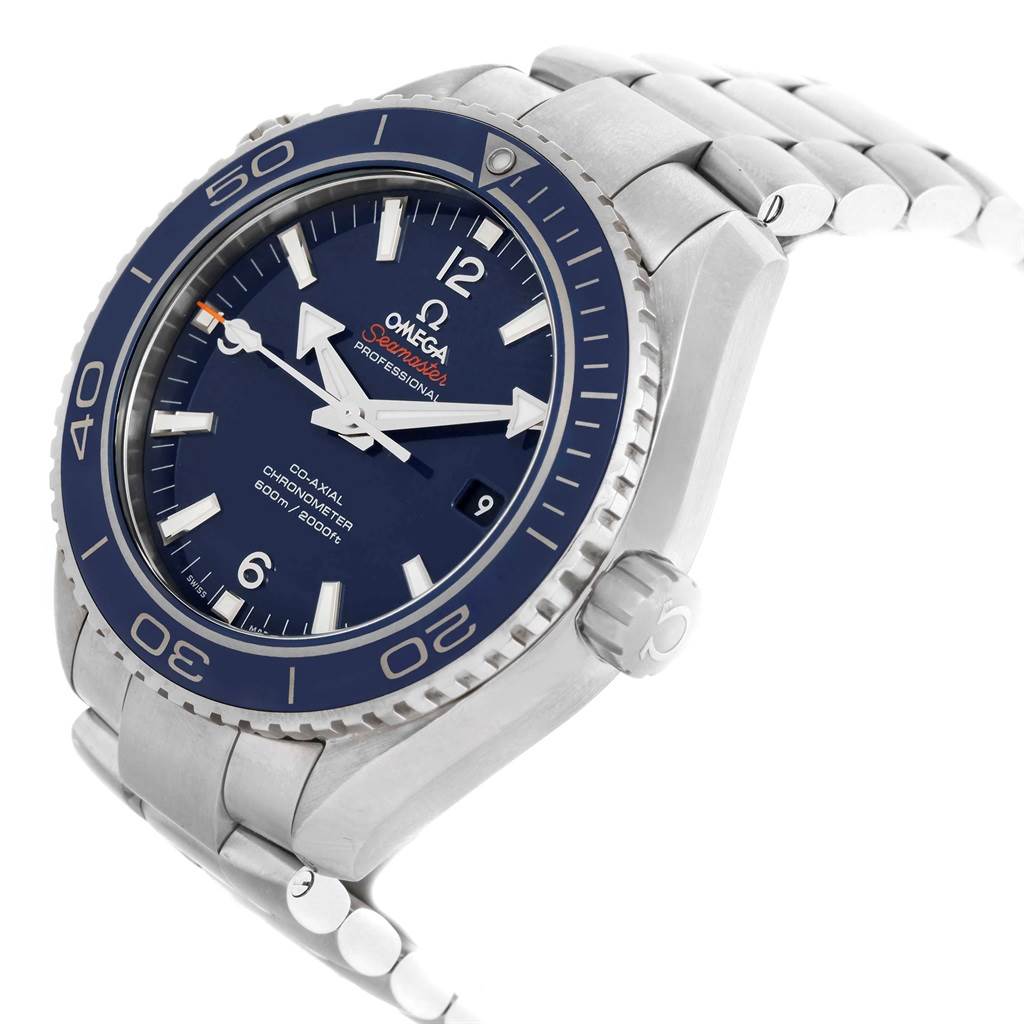 The image shows an Omega Planet Ocean 232.90.46.21.03.001 Men's Titanium Blue Dial 232.90.46.21.03.001 Men's Titanium Blue Dial watch at a three-quarter angle, highlighting the bezel, dial, bracelet, and crown.