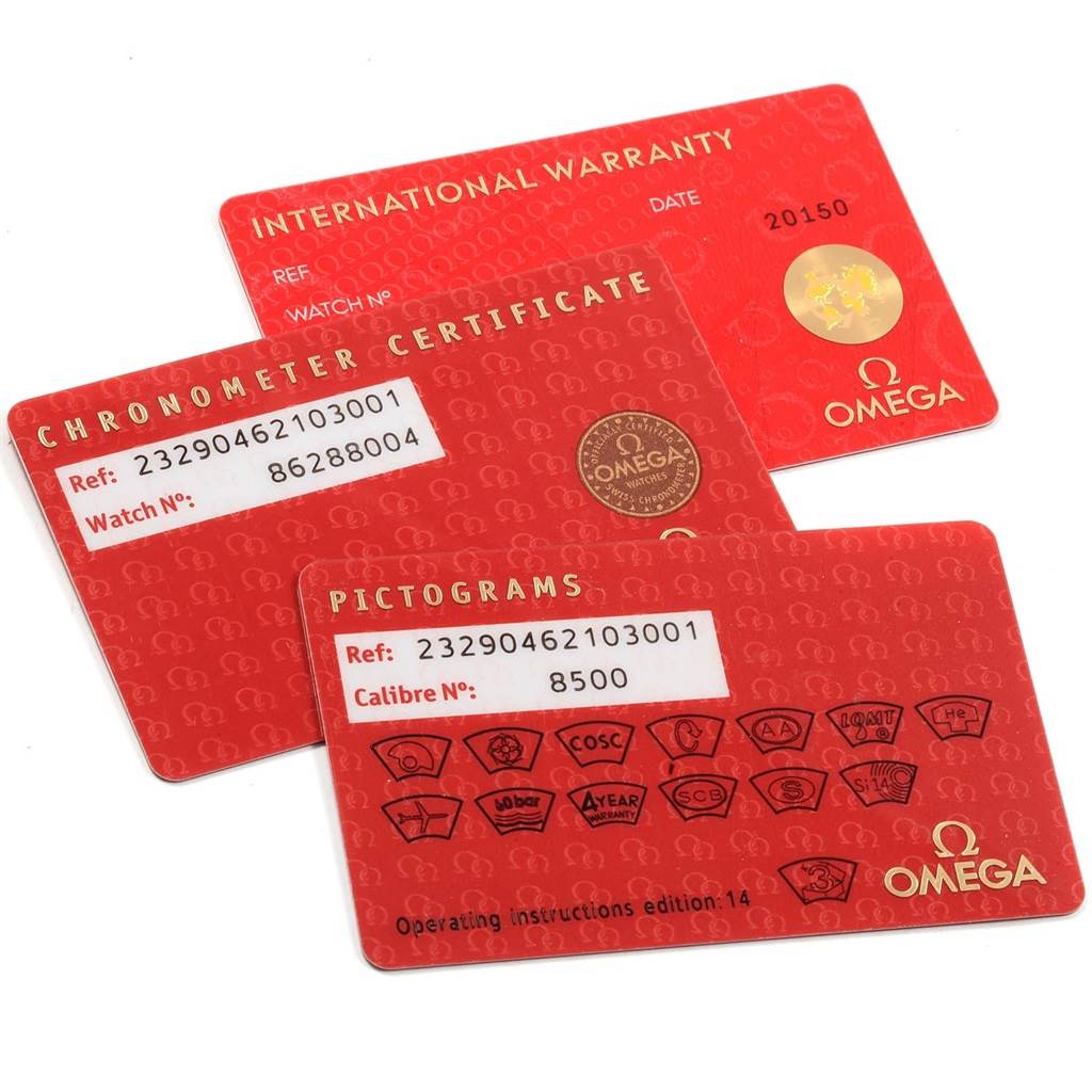 The image shows three red Omega Planet Ocean 232.90.46.21.03.001 Men's Titanium Blue Dial 232.90.46.21.03.001 Men's Titanium Blue Dial model cards: International Warranty, Chronometer Certificate, and Pictograms.