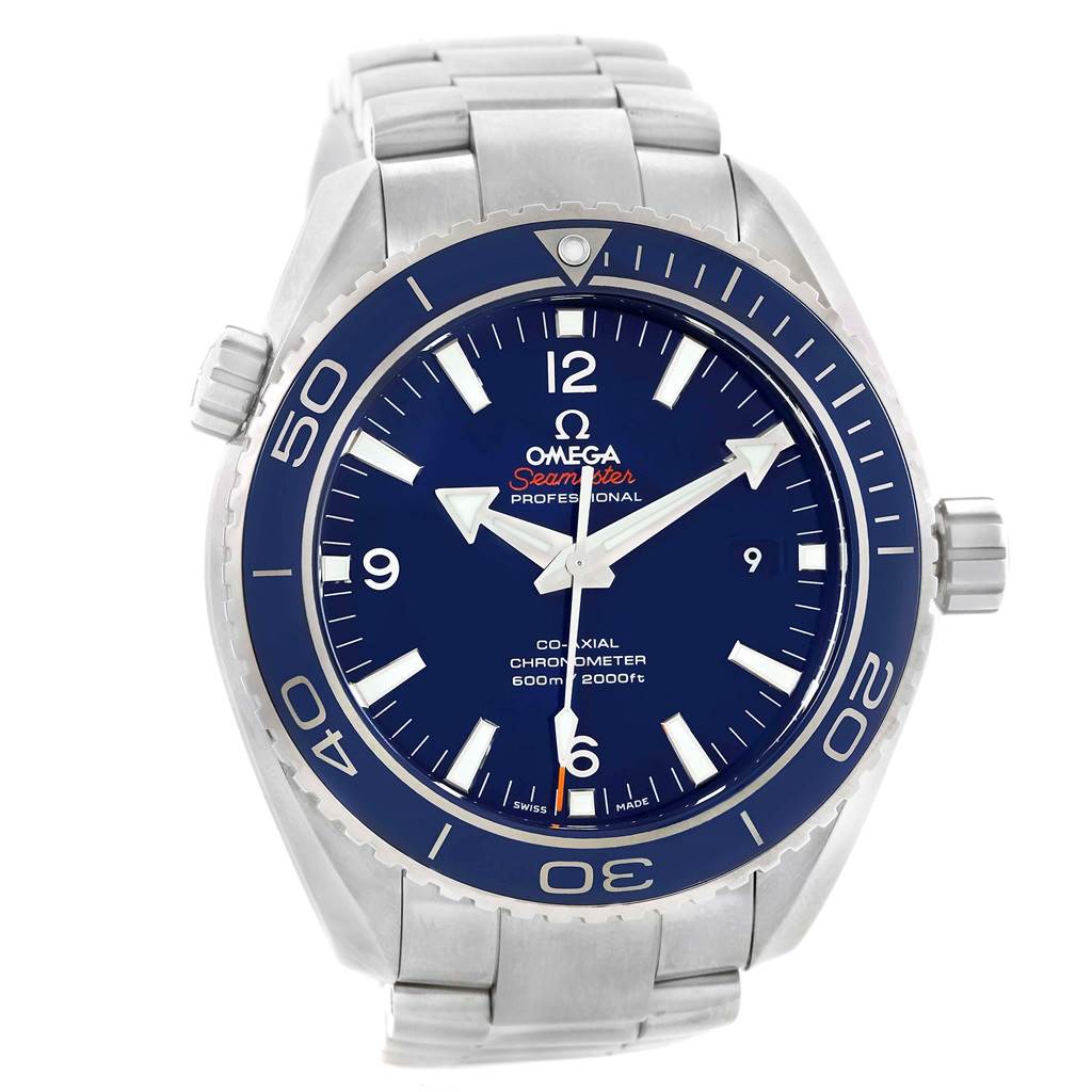 The image shows a front-facing Omega Planet Ocean 232.90.46.21.03.001 Men's Titanium Blue Dial 232.90.46.21.03.001 Men's Titanium Blue Dial watch with a blue dial and metal bracelet.